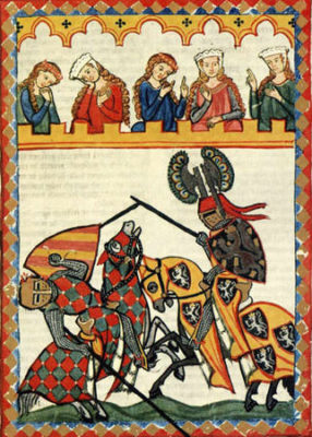 Рыцарский турнир. Средневековая миниатюра, Манесский кодекс (Codex Manesse), ок. 1300 г.